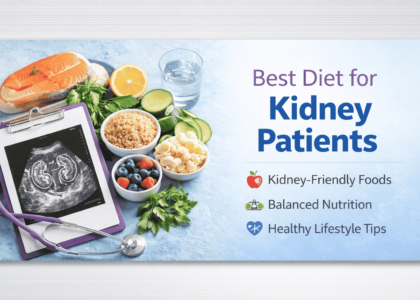 This image represents the best diet for kidney patients, including kidney-friendly foods, balanced nutrition, and healthy lifestyle tips. A proper kidney diet helps control blood pressure, reduce kidney damage, and improve overall kidney health. Including low sodium foods, fresh fruits, vegetables, and proper hydration can help kidney patients maintain better health and prevent complications.